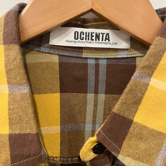 Ochenta NWT women’s yellow plaid flannel button up with collar & button sleeves - Picture 2 of 8